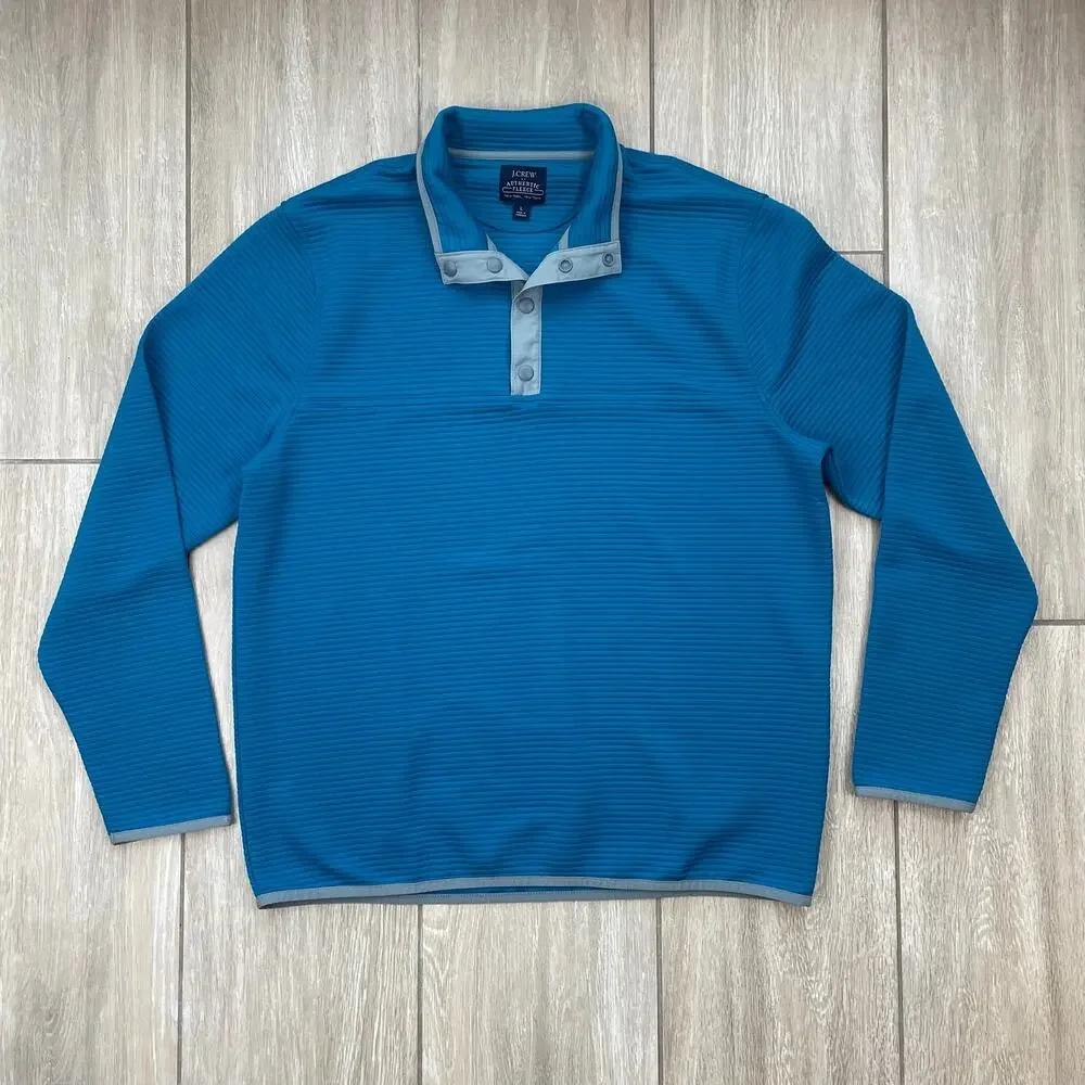 J.Crew Authentic Fleece Pullover Mens L Blue Quarter Snap Mock Neck Polyester